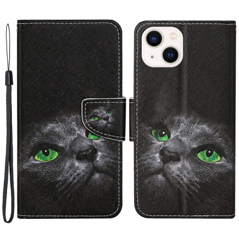 Custodia in pelle iPhone 15 Gatto Dagli Occhi Verdi Con Cinturino