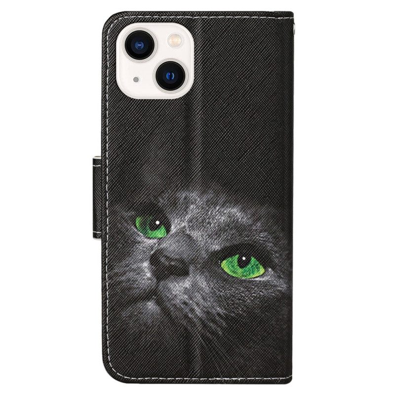 Custodia in pelle iPhone 15 Gatto Dagli Occhi Verdi Con Cinturino