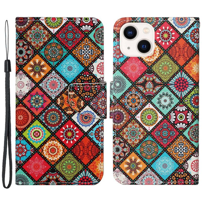 Custodia in pelle iPhone 15 Grazioso Patchwork Con Cinturino