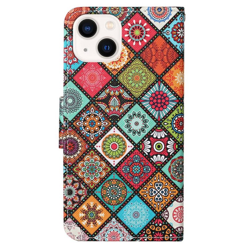 Custodia in pelle iPhone 15 Grazioso Patchwork Con Cinturino