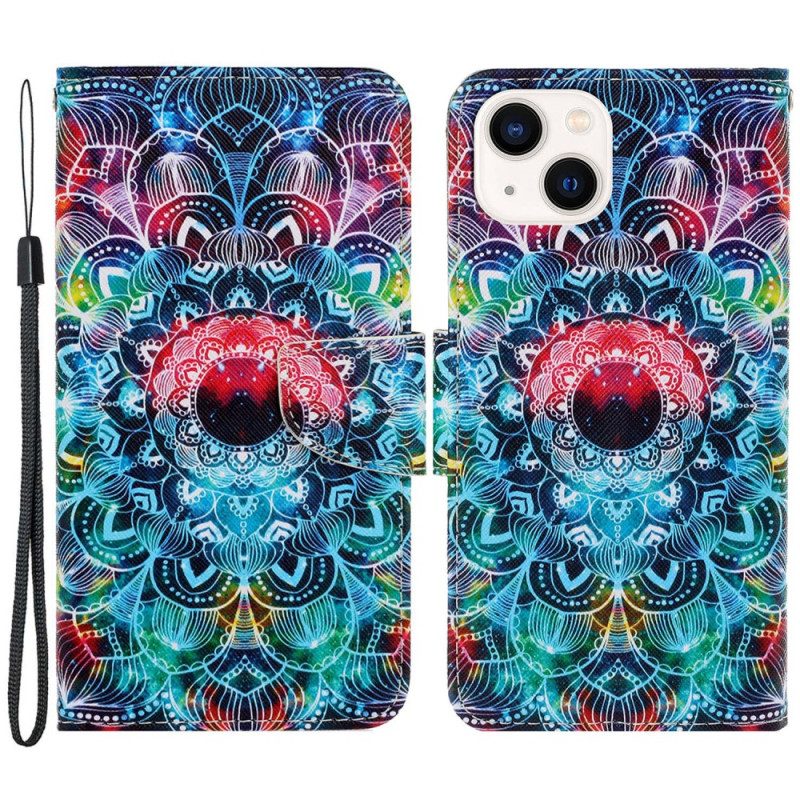 Custodia in pelle iPhone 15 Mandala Colorato Con Cinturino