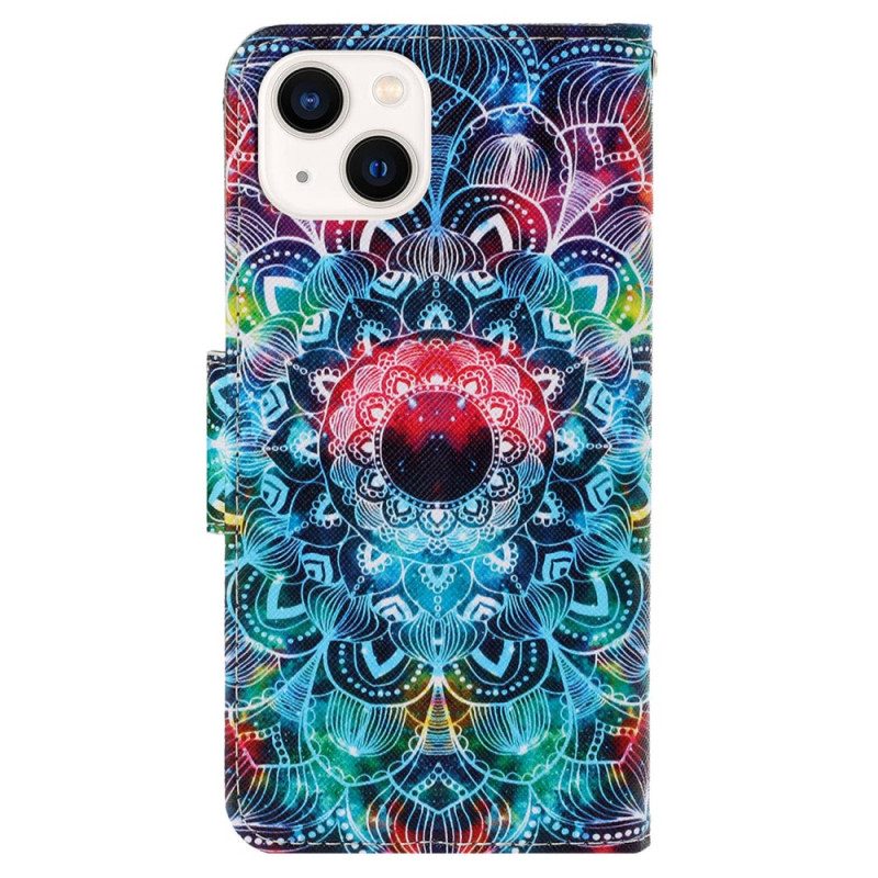 Custodia in pelle iPhone 15 Mandala Colorato Con Cinturino