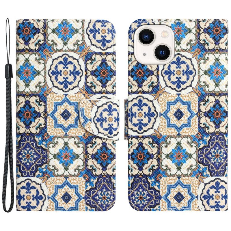 Custodia in pelle iPhone 15 Patchwork Blu Con Cinturino