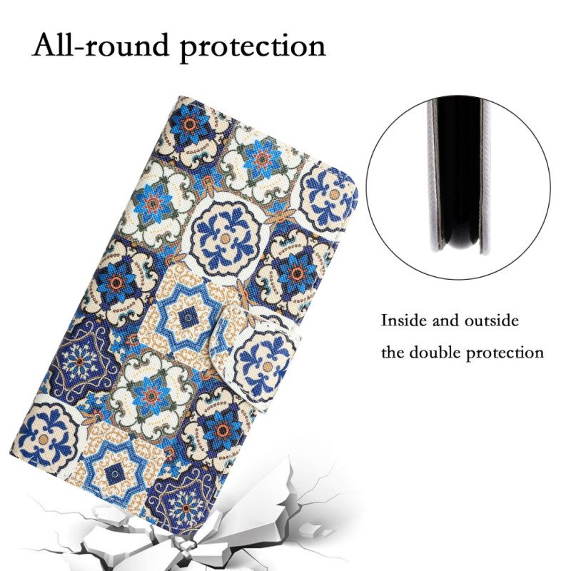 Custodia in pelle iPhone 15 Patchwork Blu Con Cinturino