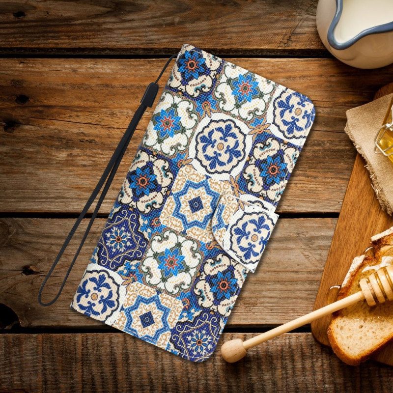 Custodia in pelle iPhone 15 Patchwork Blu Con Cinturino