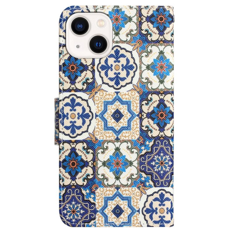 Custodia in pelle iPhone 15 Patchwork Blu Con Cinturino