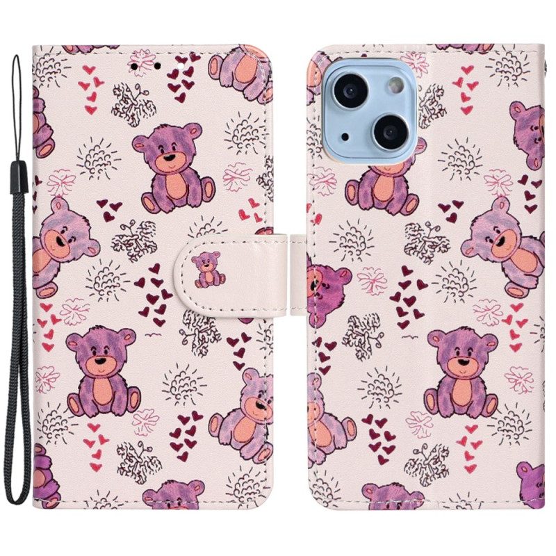 Custodia in pelle iPhone 15 Piccoli Orsetti Di Peluche Con Cinturino