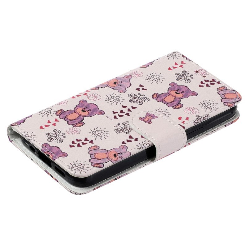 Custodia in pelle iPhone 15 Piccoli Orsetti Di Peluche Con Cinturino