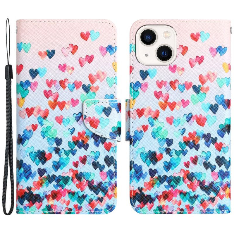 Custodia in pelle iPhone 15 Pioggia Di Cuori Con Cinturino