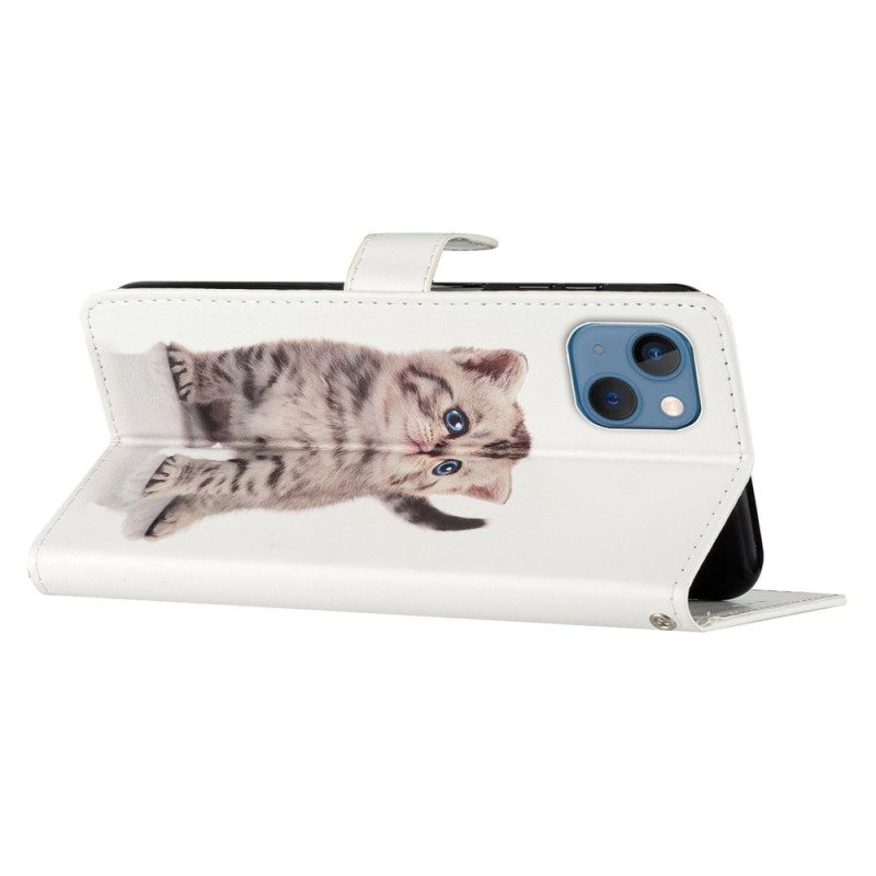 Custodia in pelle iPhone 15 Simpatico Gatto Con Cinturino