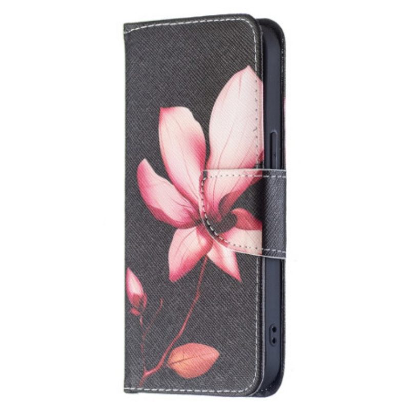 Folio Cover iPhone 15 Fiore Rosa Su Sfondo Nero