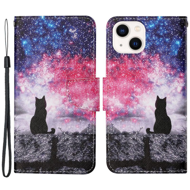 Folio Cover iPhone 15 Gatto Al Chiaro Di Luna Con Cinturino