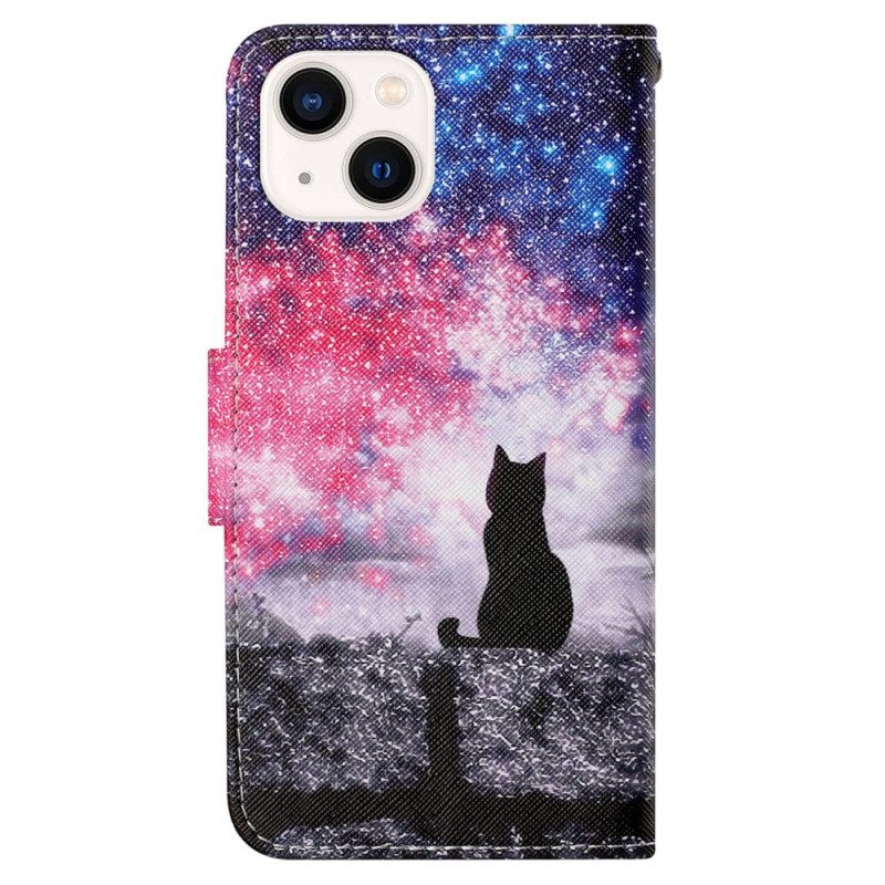 Folio Cover iPhone 15 Gatto Al Chiaro Di Luna Con Cinturino