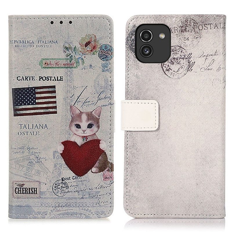 Custodia in pelle Samsung Galaxy A03 Gatto Viaggiatore