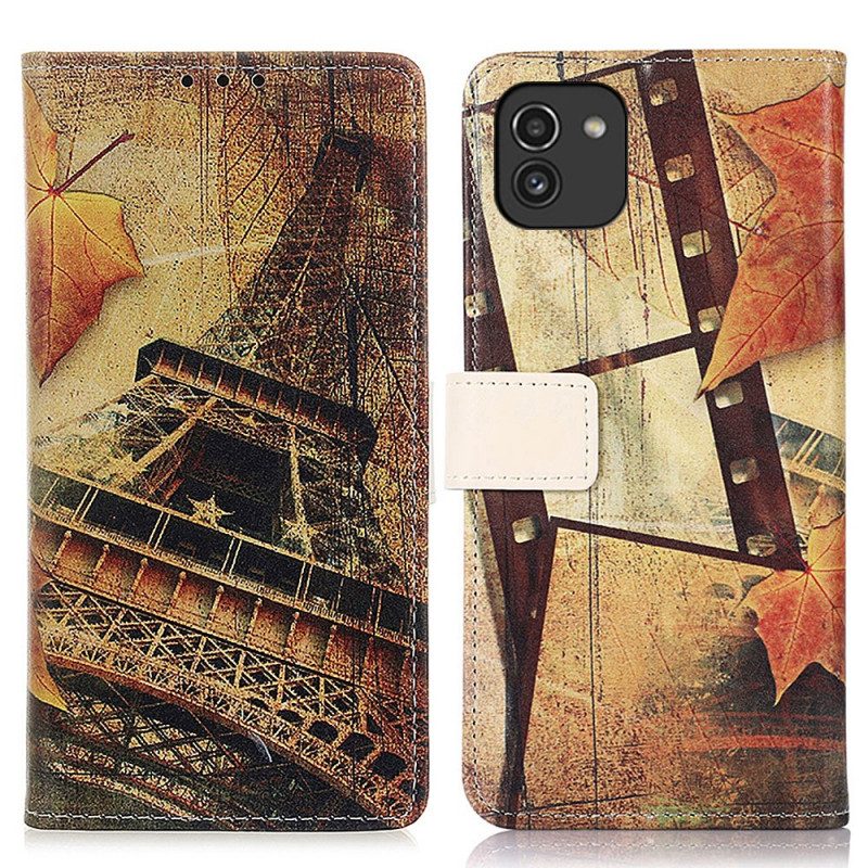 Custodia in pelle Samsung Galaxy A03 Torre Eiffel In Autunno