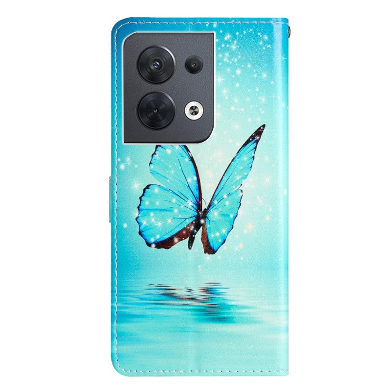 Custodia in pelle Oppo Reno 8 Farfalle Blu Con Cinturino