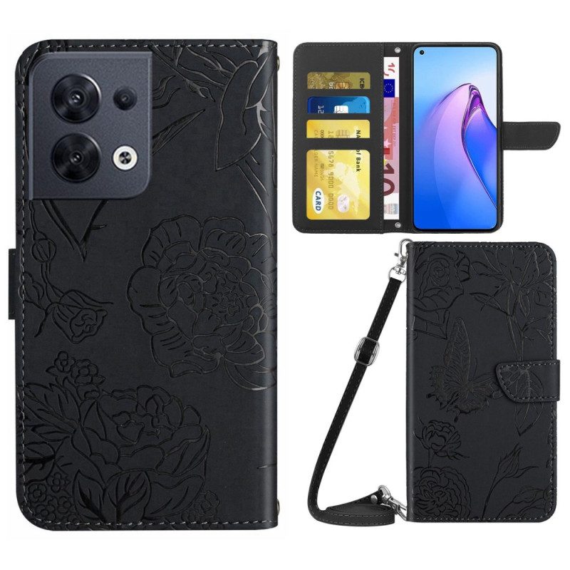 Custodia in pelle Oppo Reno 8 Farfalle E Tracolla