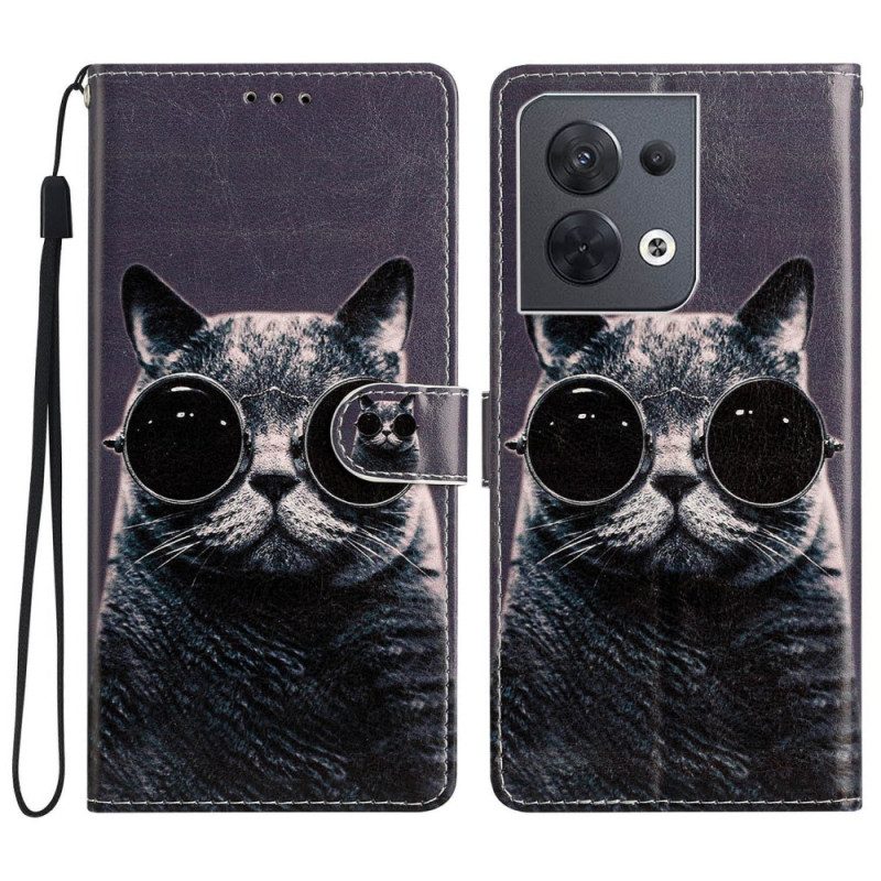 Folio Cover Oppo Reno 8 Occhiali Con Cinturino Da Gatto