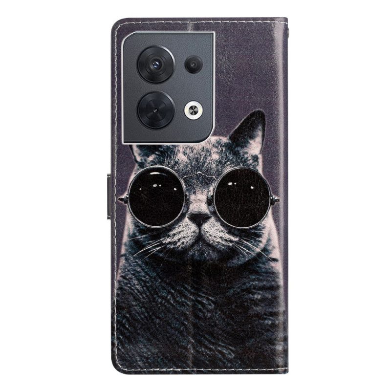 Folio Cover Oppo Reno 8 Occhiali Con Cinturino Da Gatto