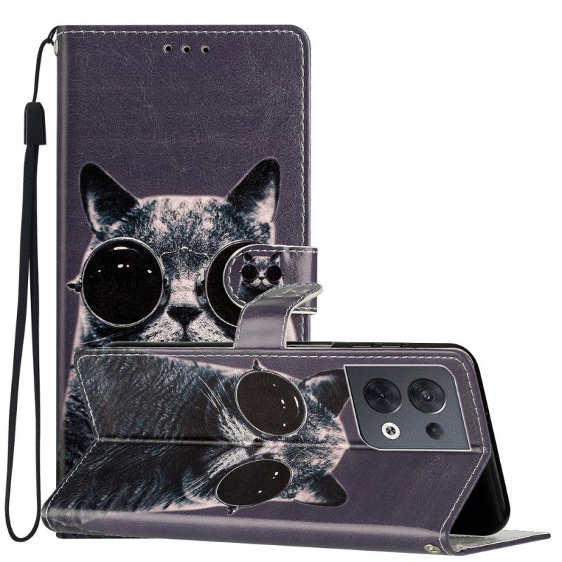 Folio Cover Oppo Reno 8 Occhiali Con Cinturino Da Gatto