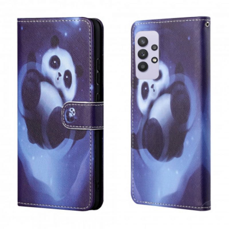 Custodia in pelle Samsung Galaxy A32 Panda Space Con Cordino