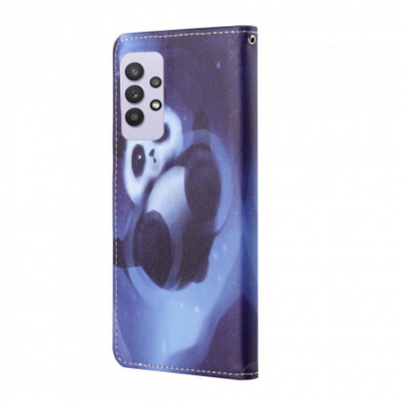 Custodia in pelle Samsung Galaxy A32 Panda Space Con Cordino