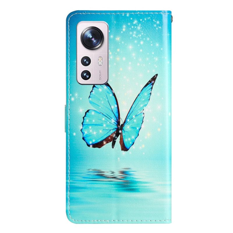 Custodia A Portafoglio Xiaomi 12 Lite Farfalle Blu Con Cinturino