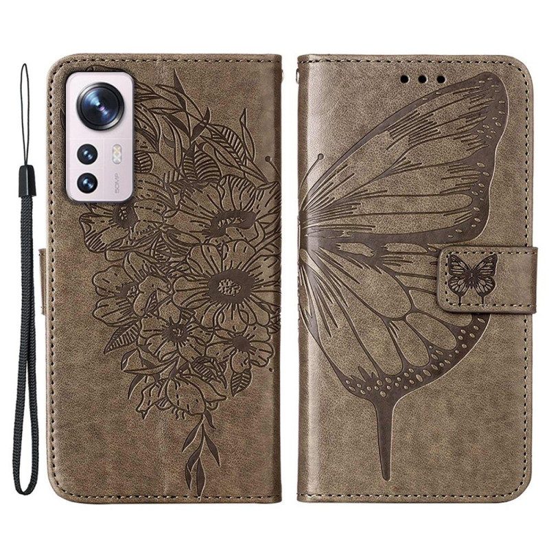 Custodia in pelle Xiaomi 12 Lite Design A Farfalla Con Cordino