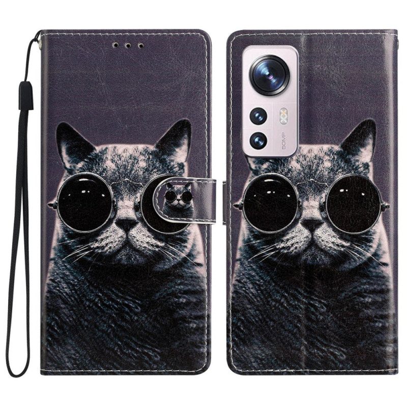 Custodia in pelle Xiaomi 12 Lite Occhiali Con Cinturino Da Gatto