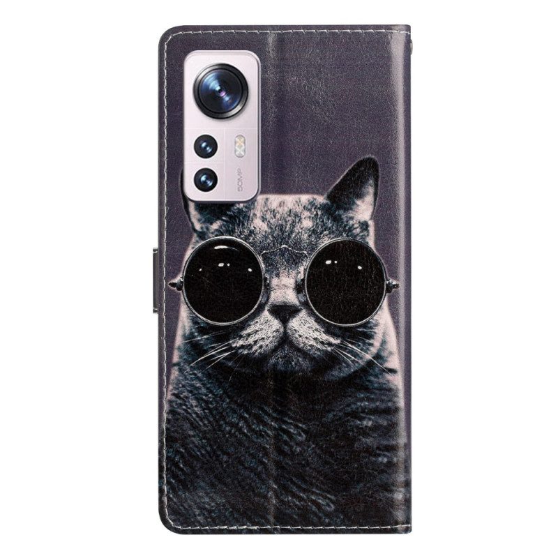 Custodia in pelle Xiaomi 12 Lite Occhiali Con Cinturino Da Gatto