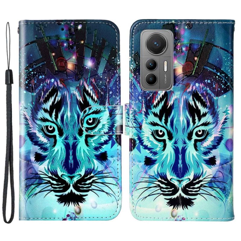 Custodia in pelle Xiaomi 12 Lite Tigre Con Cordino