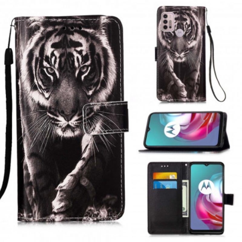 Custodia in pelle Moto G30 / G10 Tigre Notturna