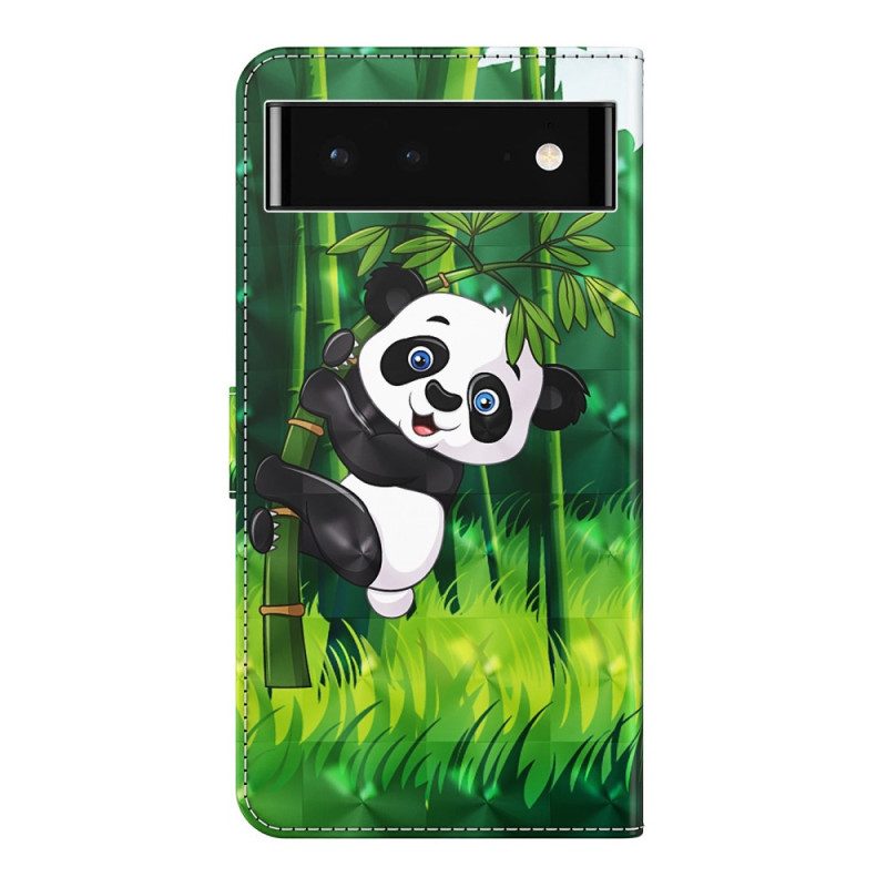 Custodia in pelle Google Pixel 7 Panda E Bambù Con Cordino