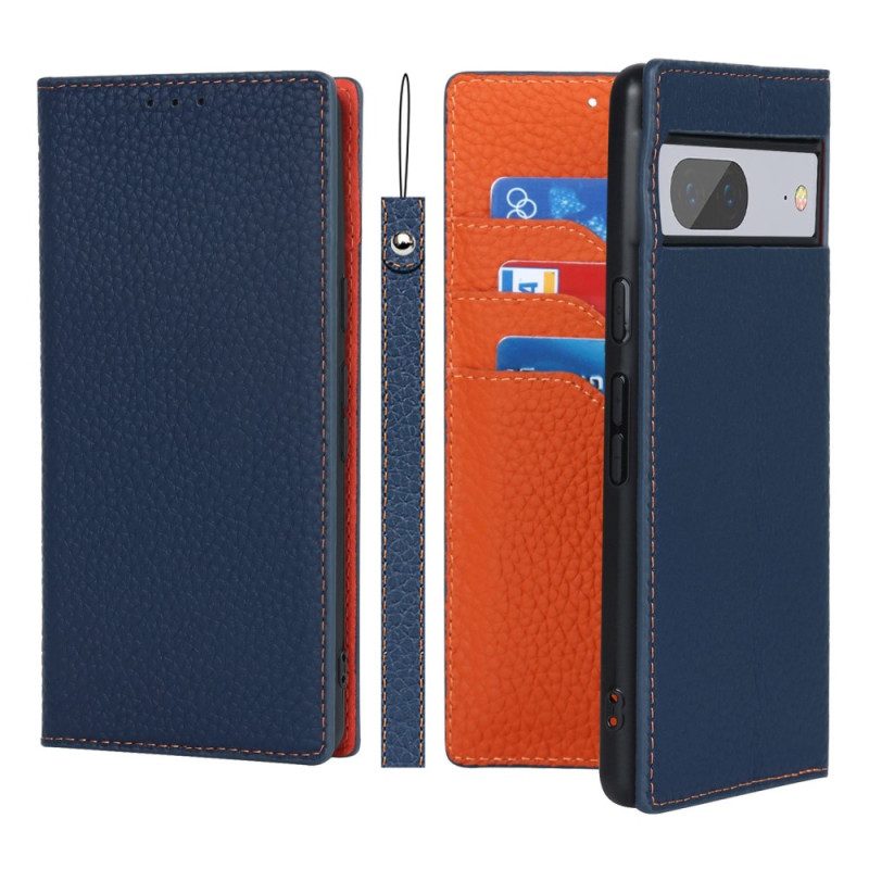 Folio Cover Google Pixel 7 Custodia in pelle Cinturino In Vera Pelle Di Litchi