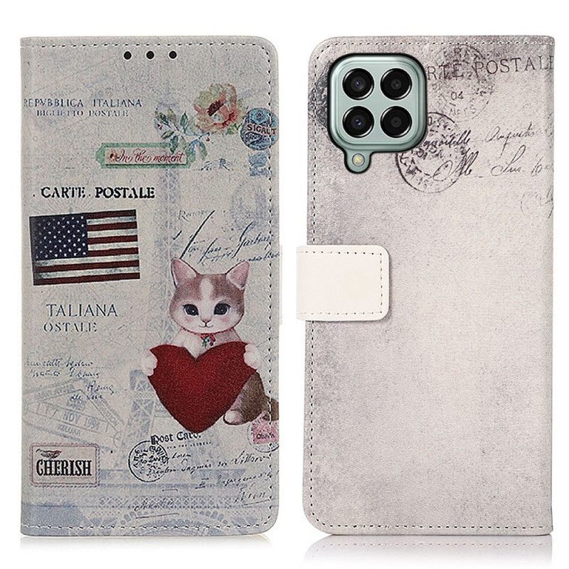 Custodia in pelle Samsung Galaxy M33 5G Gatto Viaggiatore