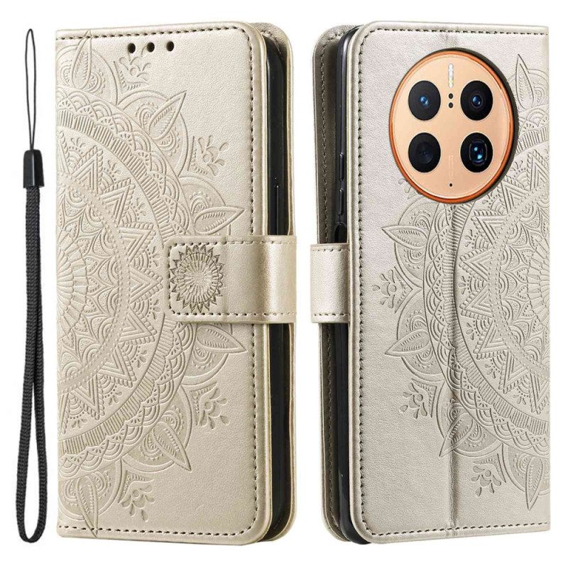 Custodia in pelle Huawei Mate 50 Pro Mandala Sole Con Cordino