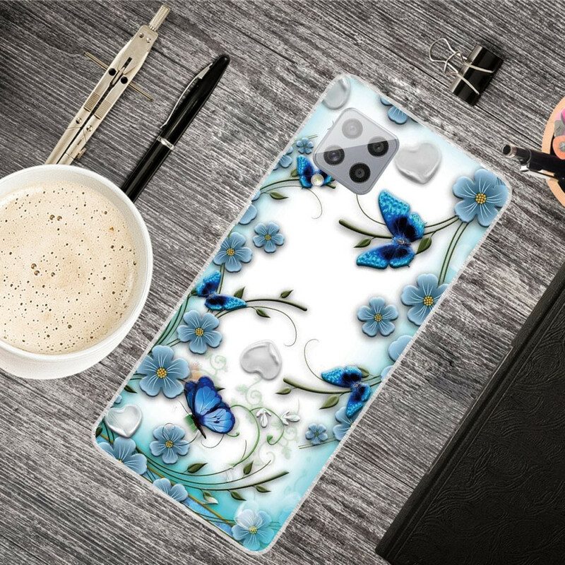 Cover Samsung Galaxy A42 5G Farfalle E Fiori Retrò Senza Soluzione Di Continuità