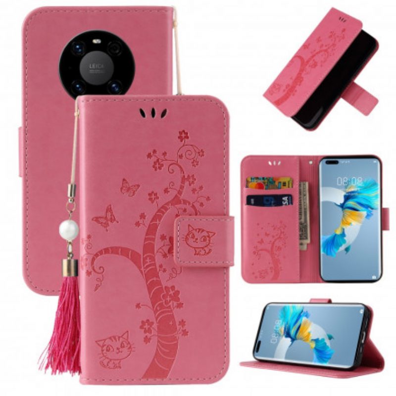 Folio Cover Huawei Mate 40 Pro Albero E Gatto Con Perlina Sul Cordino