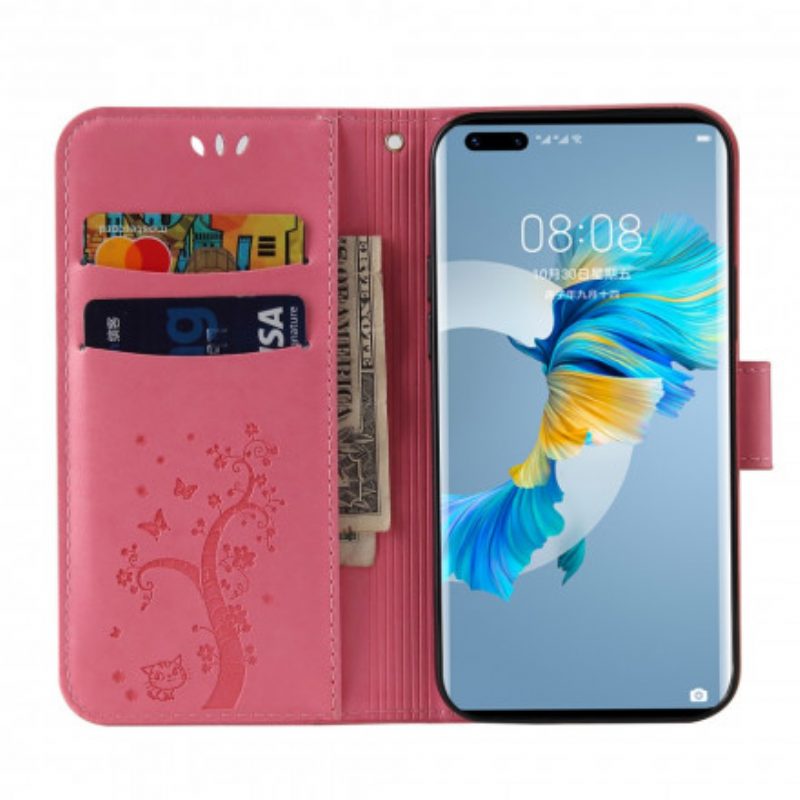 Folio Cover Huawei Mate 40 Pro Albero E Gatto Con Perlina Sul Cordino