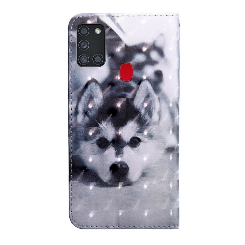 Custodia in pelle Samsung Galaxy A21s Cane In Bianco E Nero