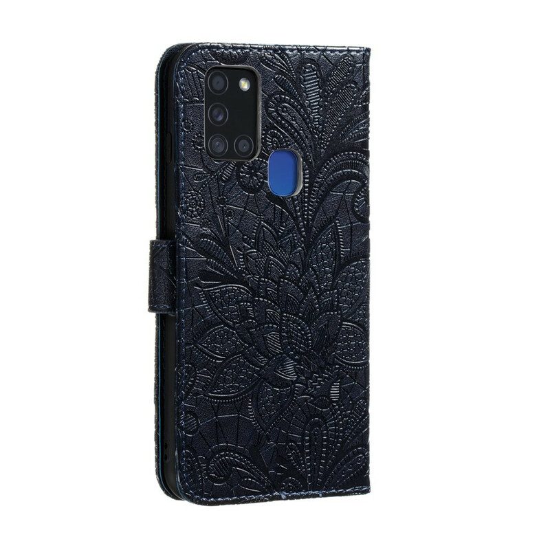 Custodia in pelle Samsung Galaxy A21s Cinturino Fiori Tribali