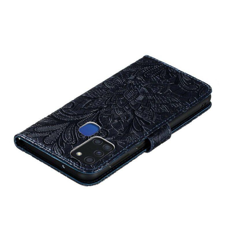 Custodia in pelle Samsung Galaxy A21s Cinturino Fiori Tribali