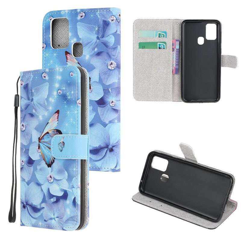 Custodia in pelle Samsung Galaxy A21s Farfalle Di Diamanti Strappy