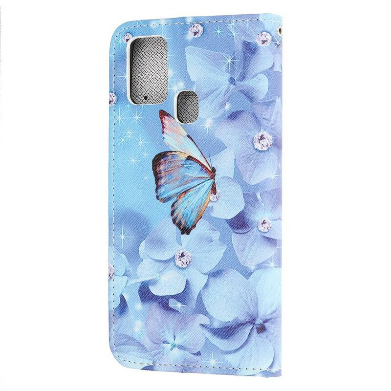 Custodia in pelle Samsung Galaxy A21s Farfalle Di Diamanti Strappy