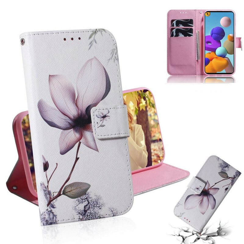 Custodia in pelle Samsung Galaxy A21s Fiore Rosa Polveroso