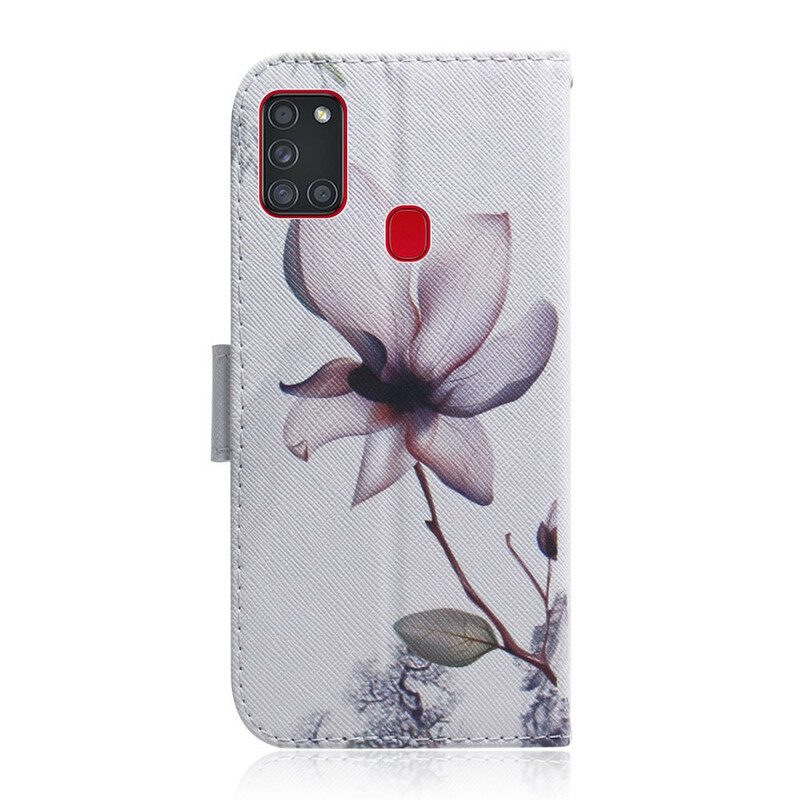 Custodia in pelle Samsung Galaxy A21s Fiore Rosa Polveroso