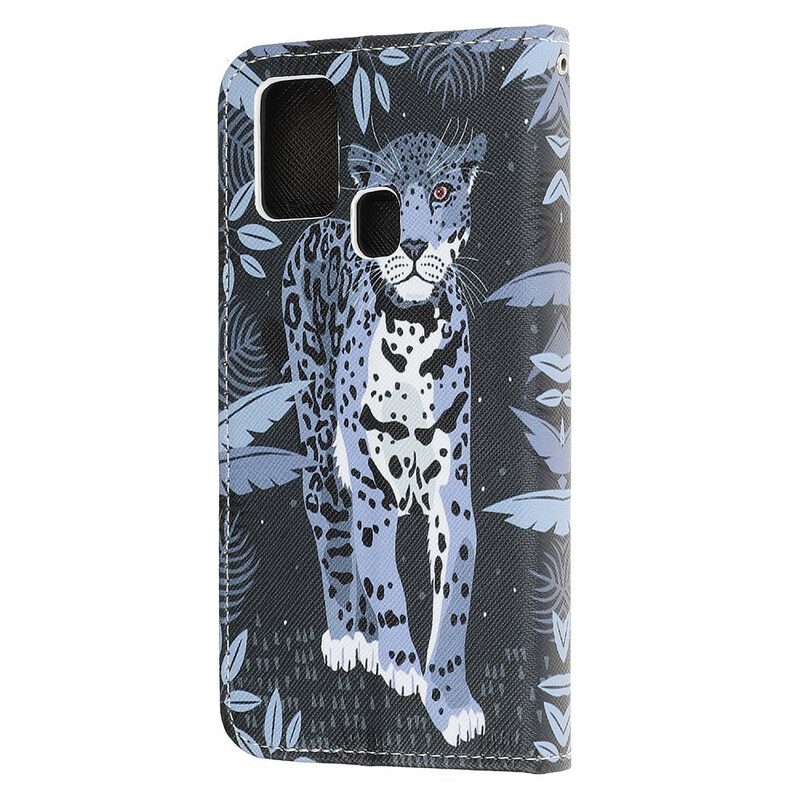 Custodia in pelle Samsung Galaxy A21s Leopardo Con Spalline