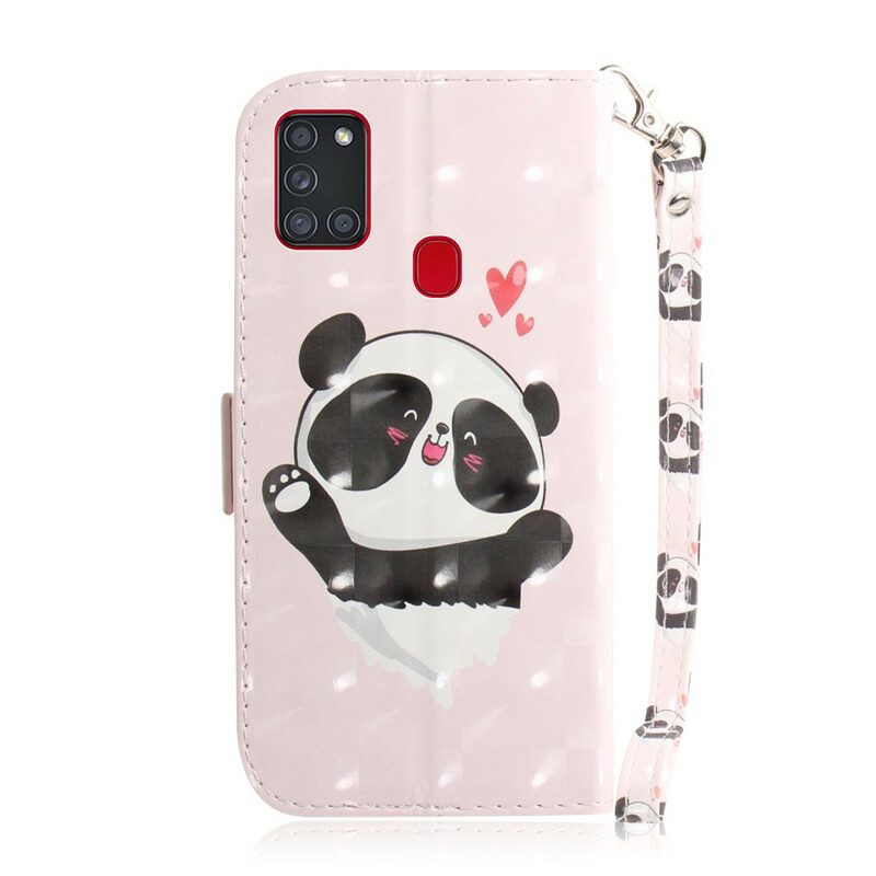 Custodia in pelle Samsung Galaxy A21s Panda Love Con Cordino