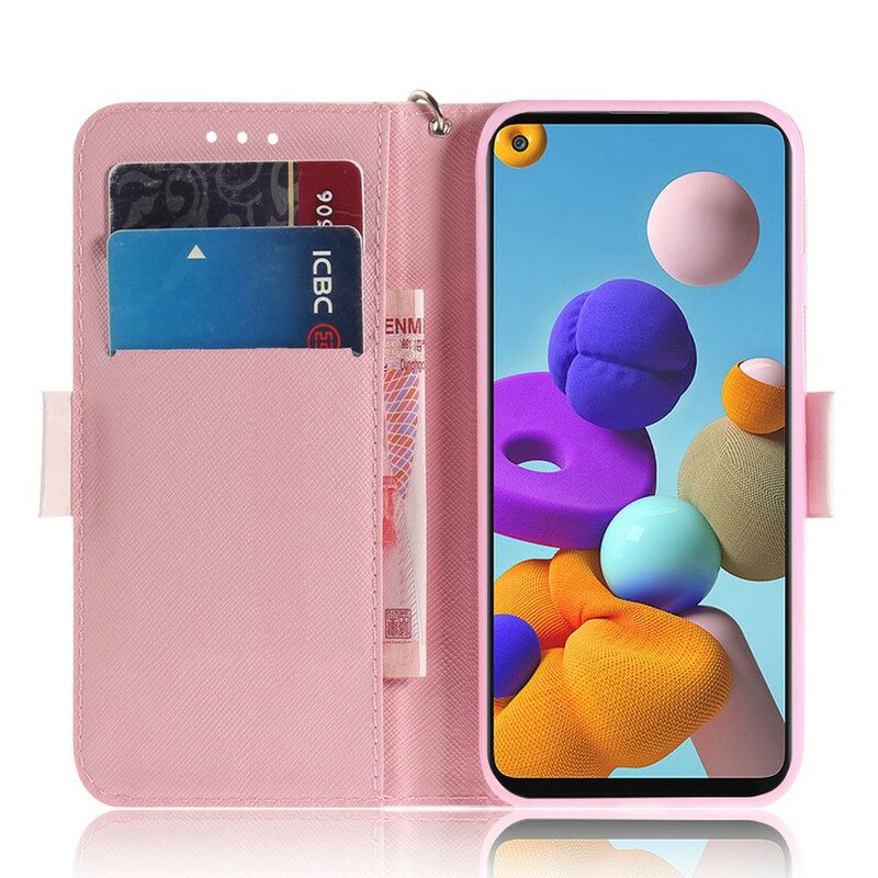 Custodia in pelle Samsung Galaxy A21s Panda Love Con Cordino