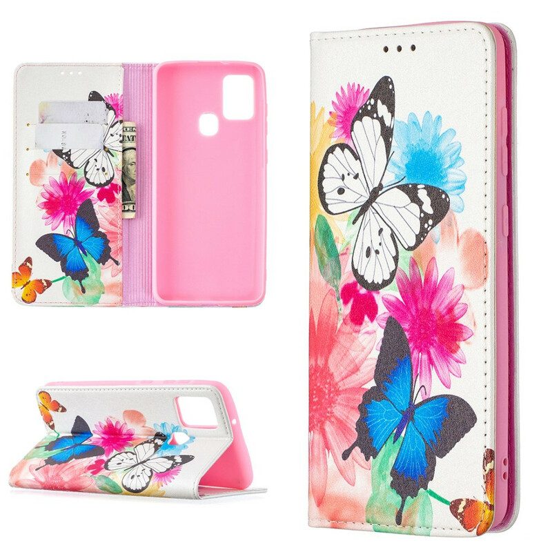 Folio Cover Samsung Galaxy A21s Custodia in pelle Farfalle Colorate